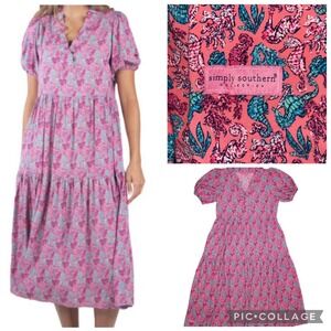 Simply Southern Midi/Maxi Dress Seahorse Print Tiered Puff Sleeve Sz L‎ EUC